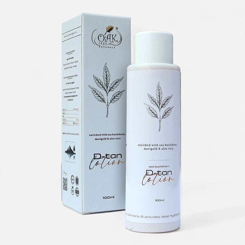 D-Tan Lotion with Sea Buckthorn Marigold Aloe Vera 100ml - Natural tan removal lotion with light blue packaging by Oak Tree Naturals