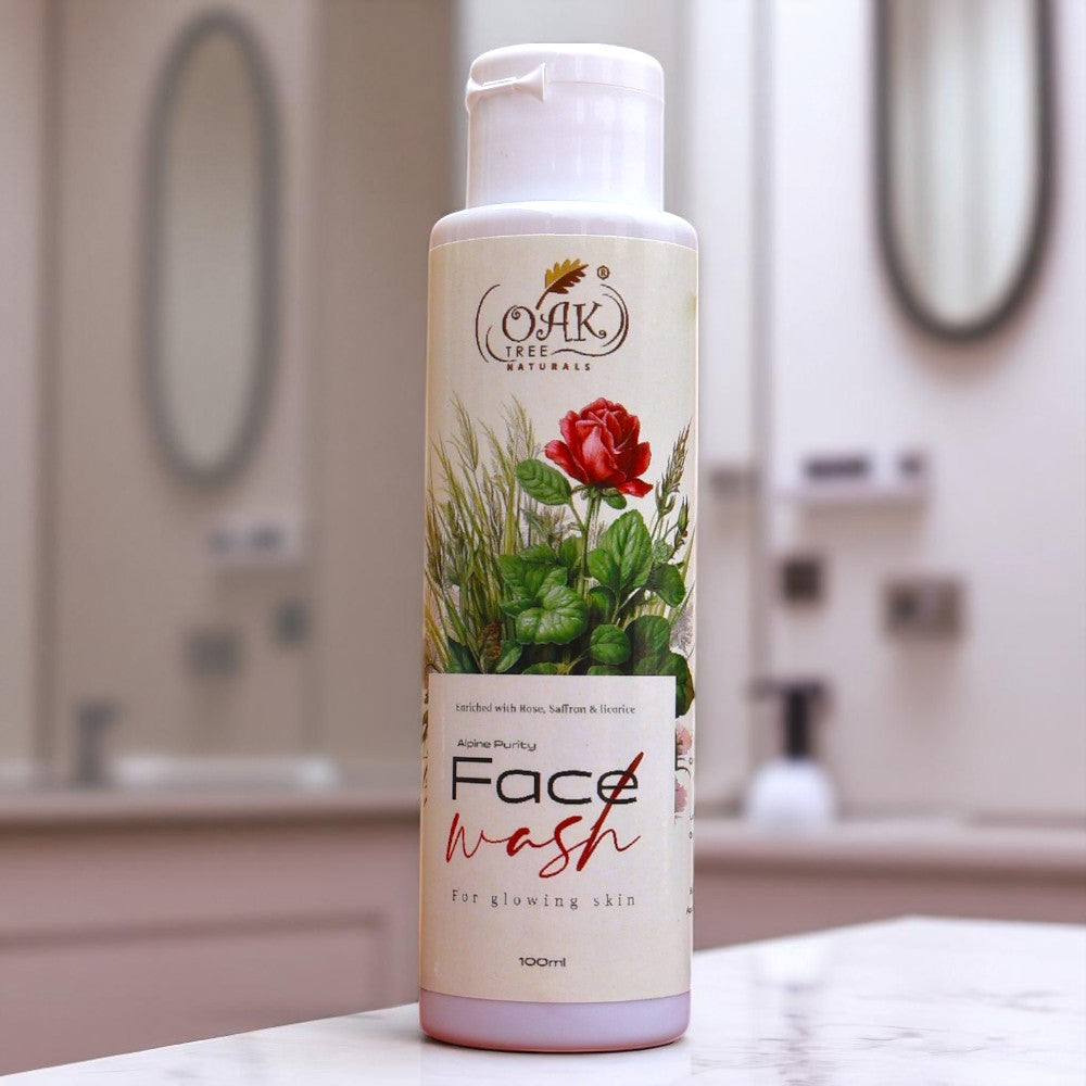 Alpine Purity Rose Gold Face Wash 100ml - Natural glowing skin cleanser with rose saffron licorice by Oak Tree Naturals