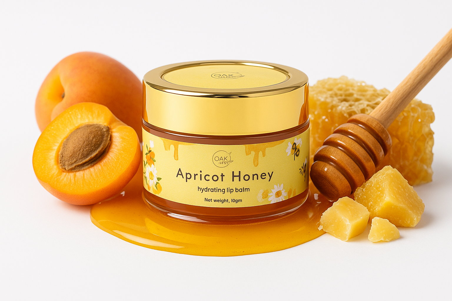 Apricot Honey Lip Balm Submerged in Honey with Raw Ingredients