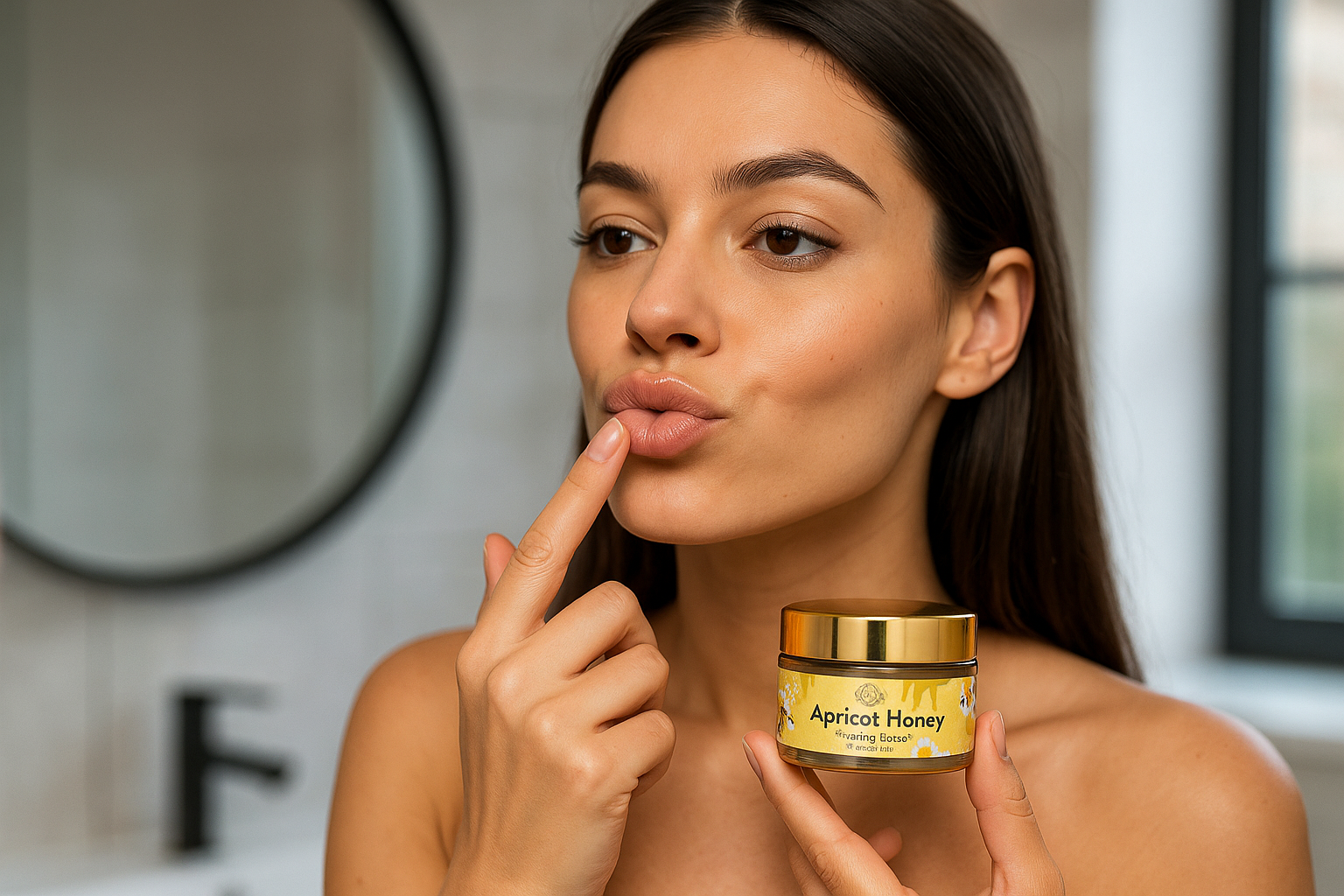 Beautiful Woman Applying Apricot Honey Lip Balm with Confidence