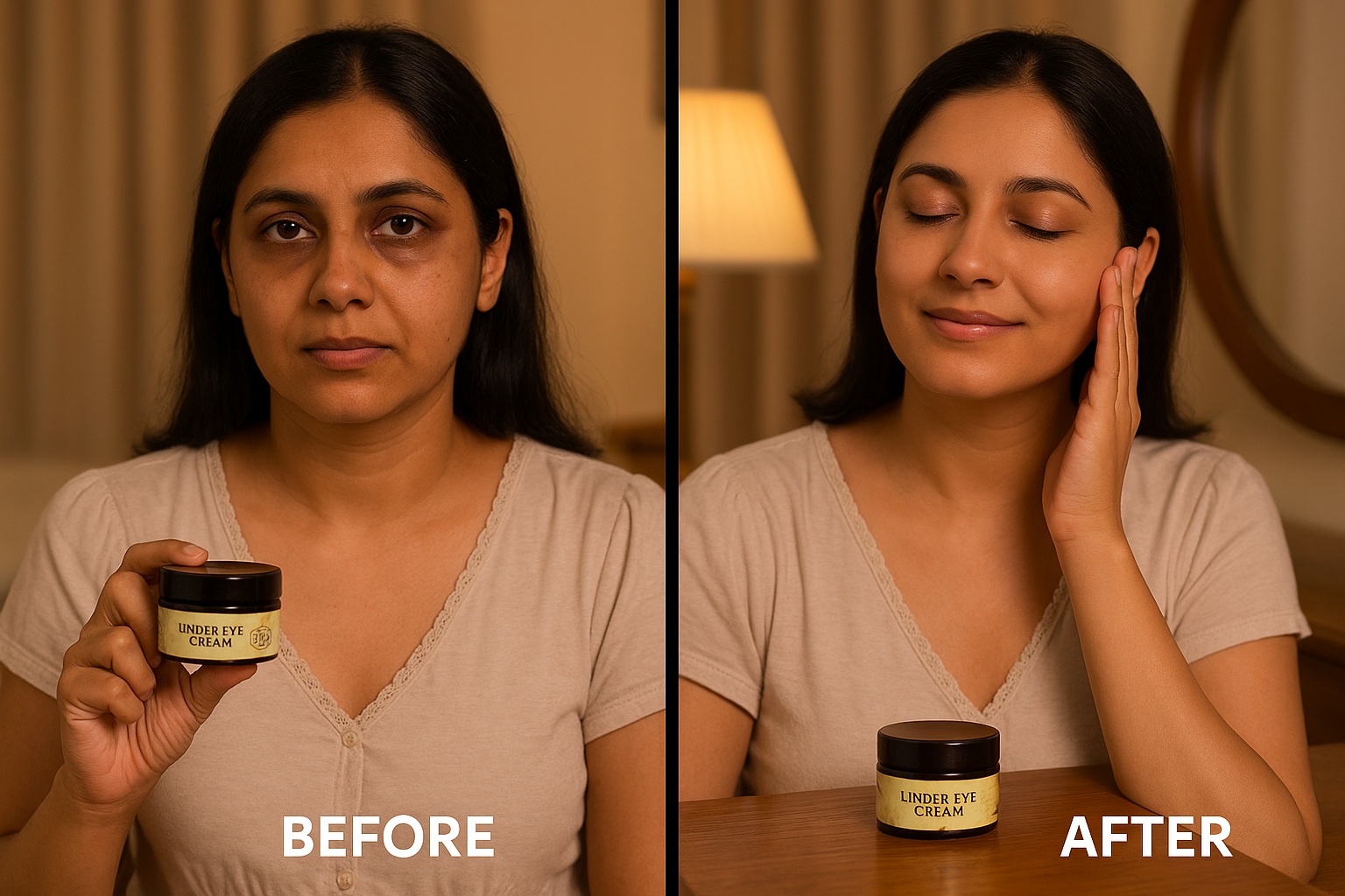 Before and after image of Indian female in her late 30s using Oak Tree Naturals Under Eye Cream at dressing table