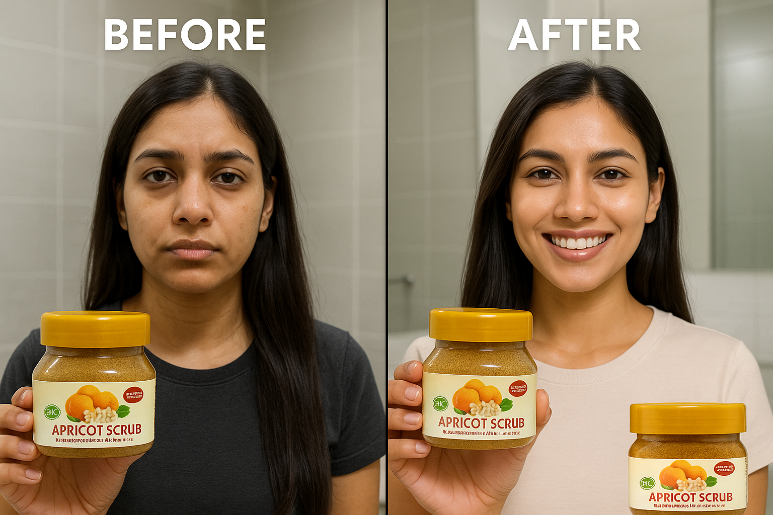 Before and after image of young Indian female using Nirvana Organic Apricot Scrub