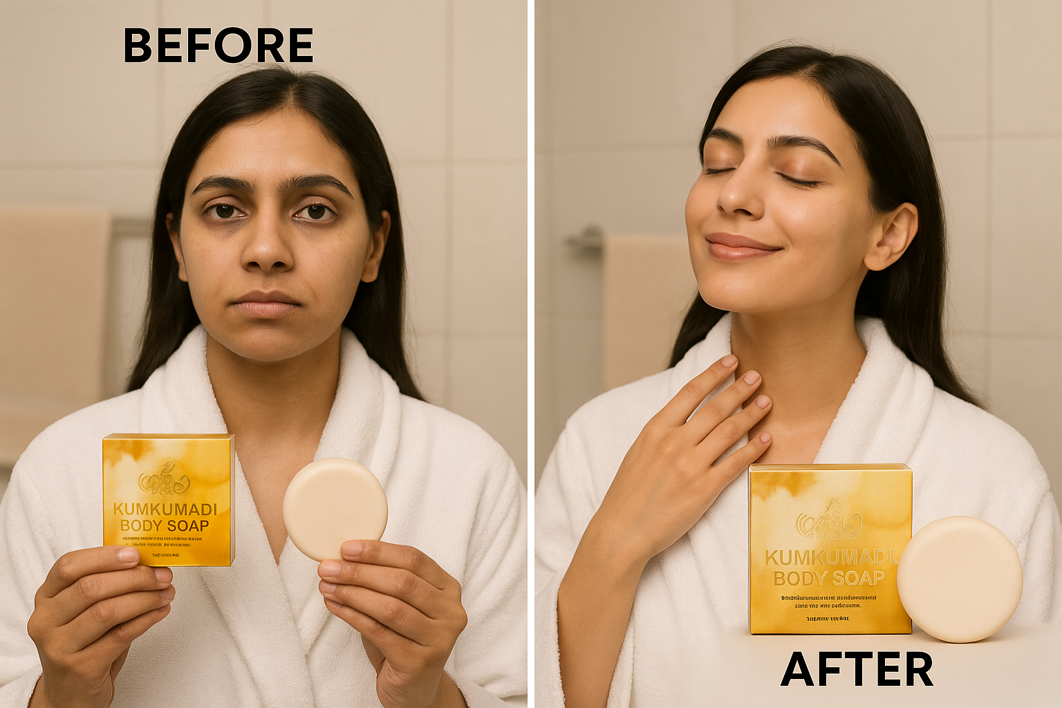 Before and after image of young Indian female using Oak Tree Naturals Kumkumadi Soap on neck area