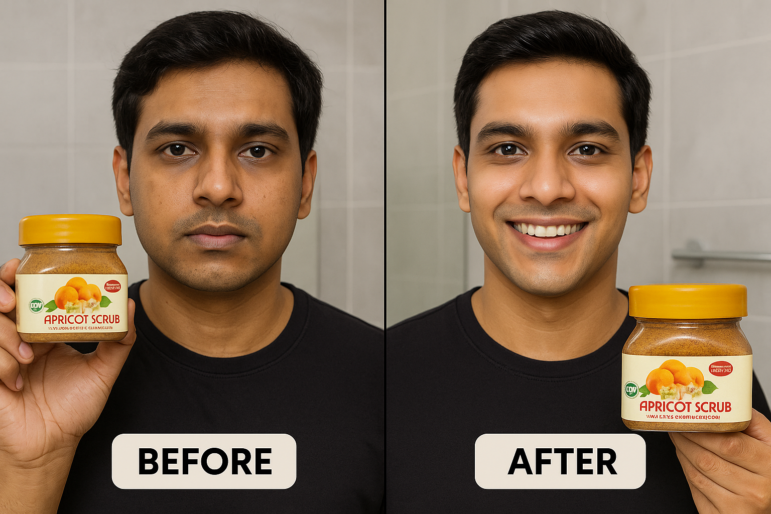 Before and after image of young Indian male using Nirvana Organic Apricot Scrub