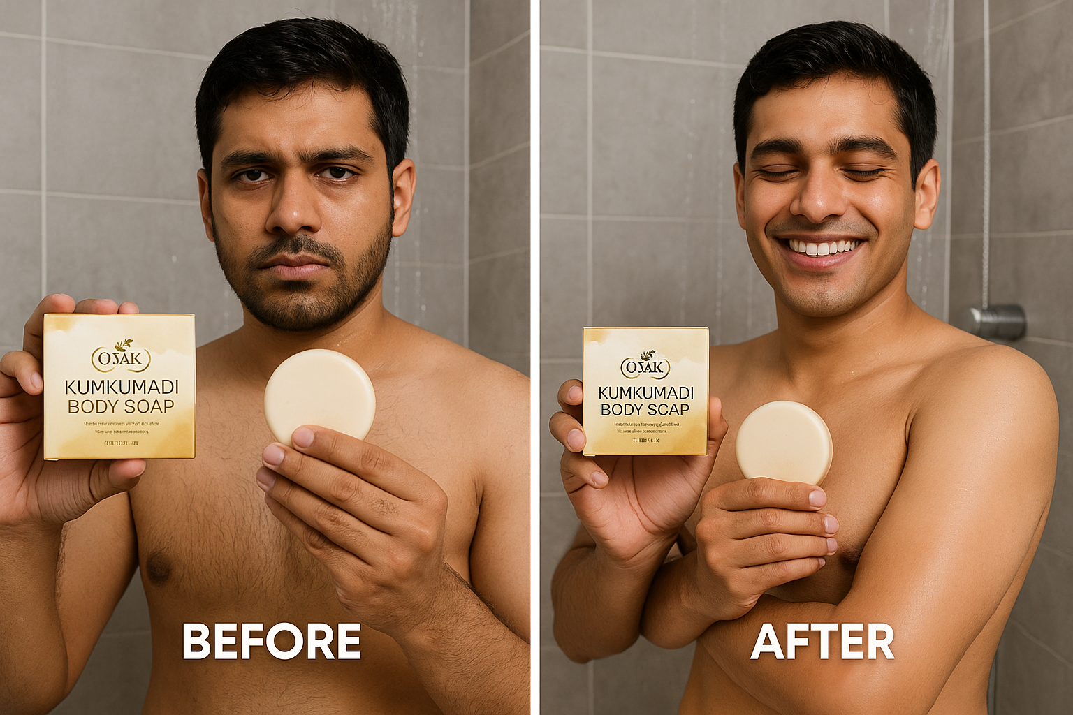 Before and after image of young Indian male using Oak Tree Naturals Kumkumadi Soap on arms in shower
