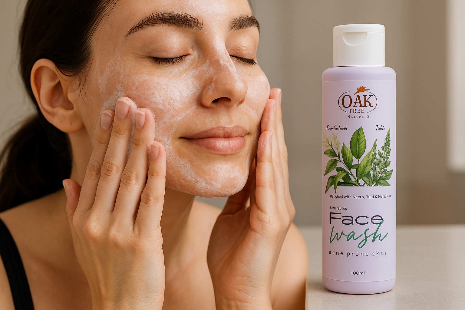 Hands Applying Natural Bliss Face Wash with Foam