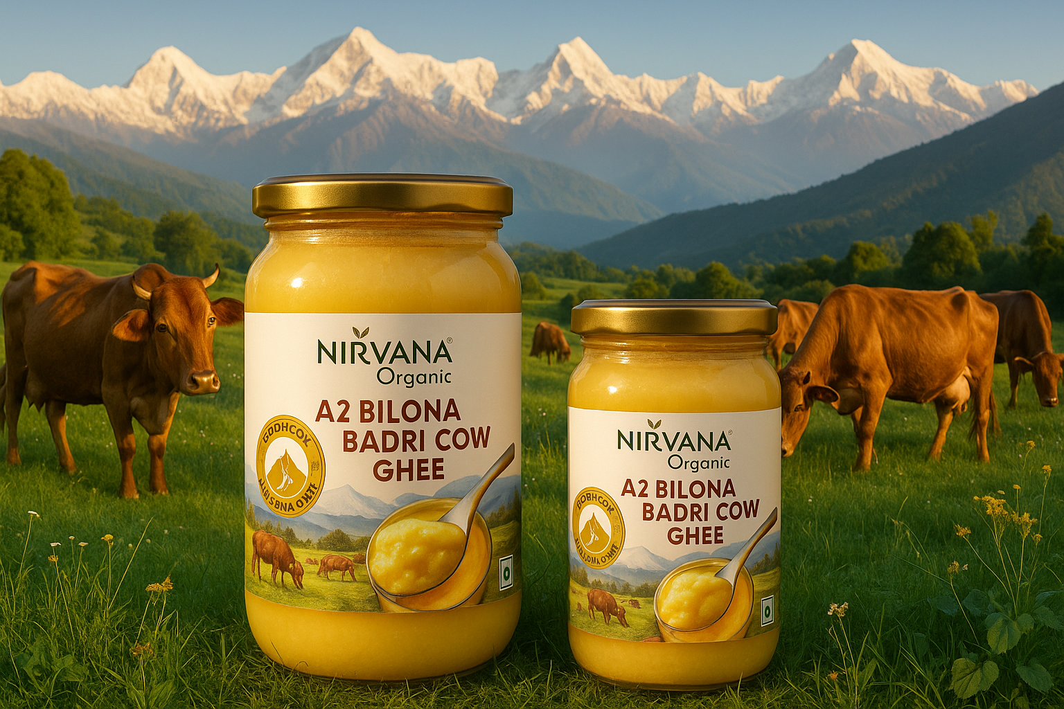 Happy Badri cows in Himalayan farms with Nirvana Organic A2 Bilona Ghee jars