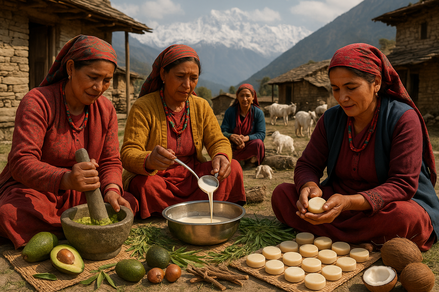Himalayan Village Women Making Avocado Goat Milk Soap with Goats
