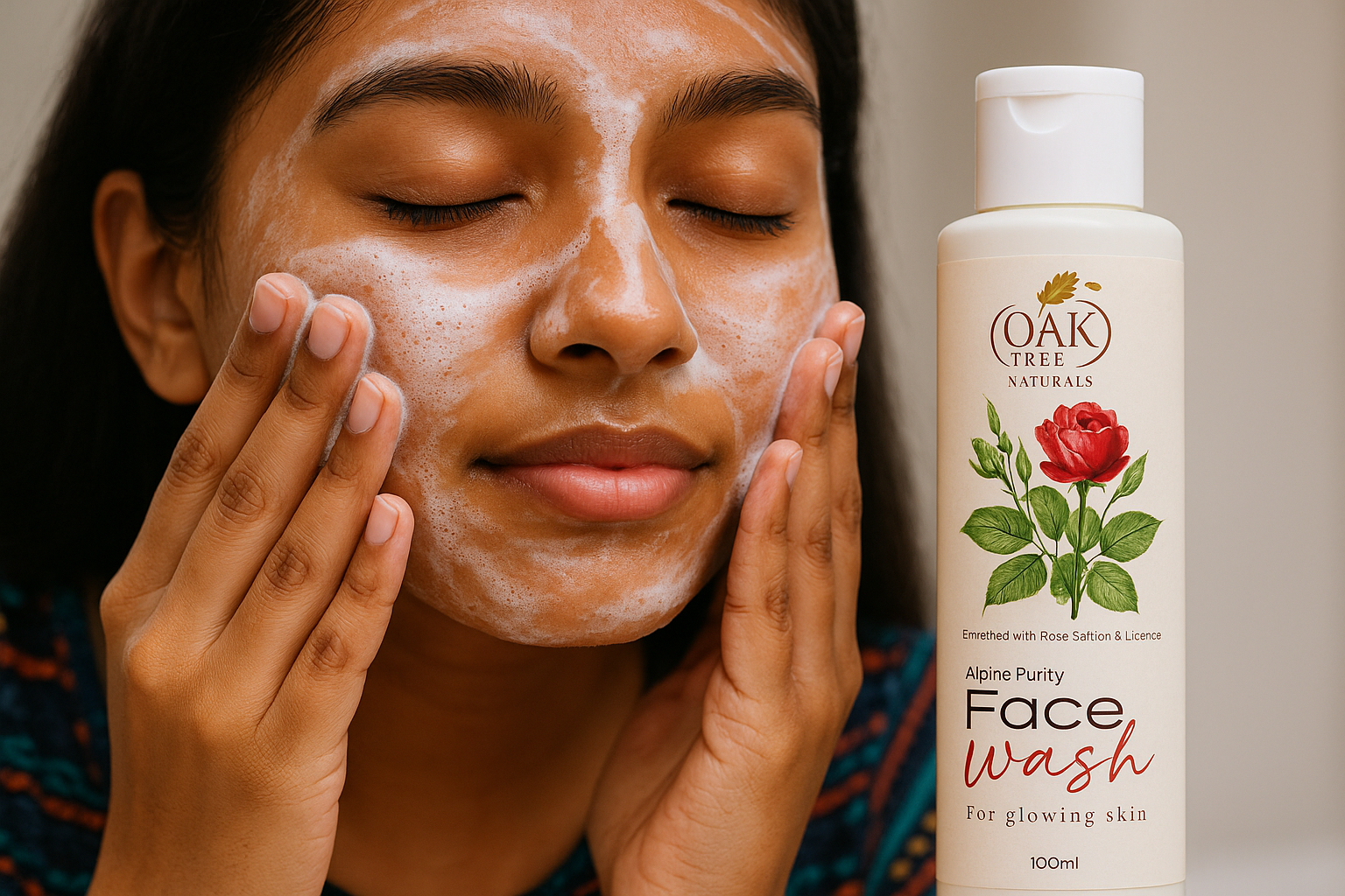 Indian Teenage Girl's Hands Applying Alpine Purity Rose Gold Face Wash with Cooling Effect