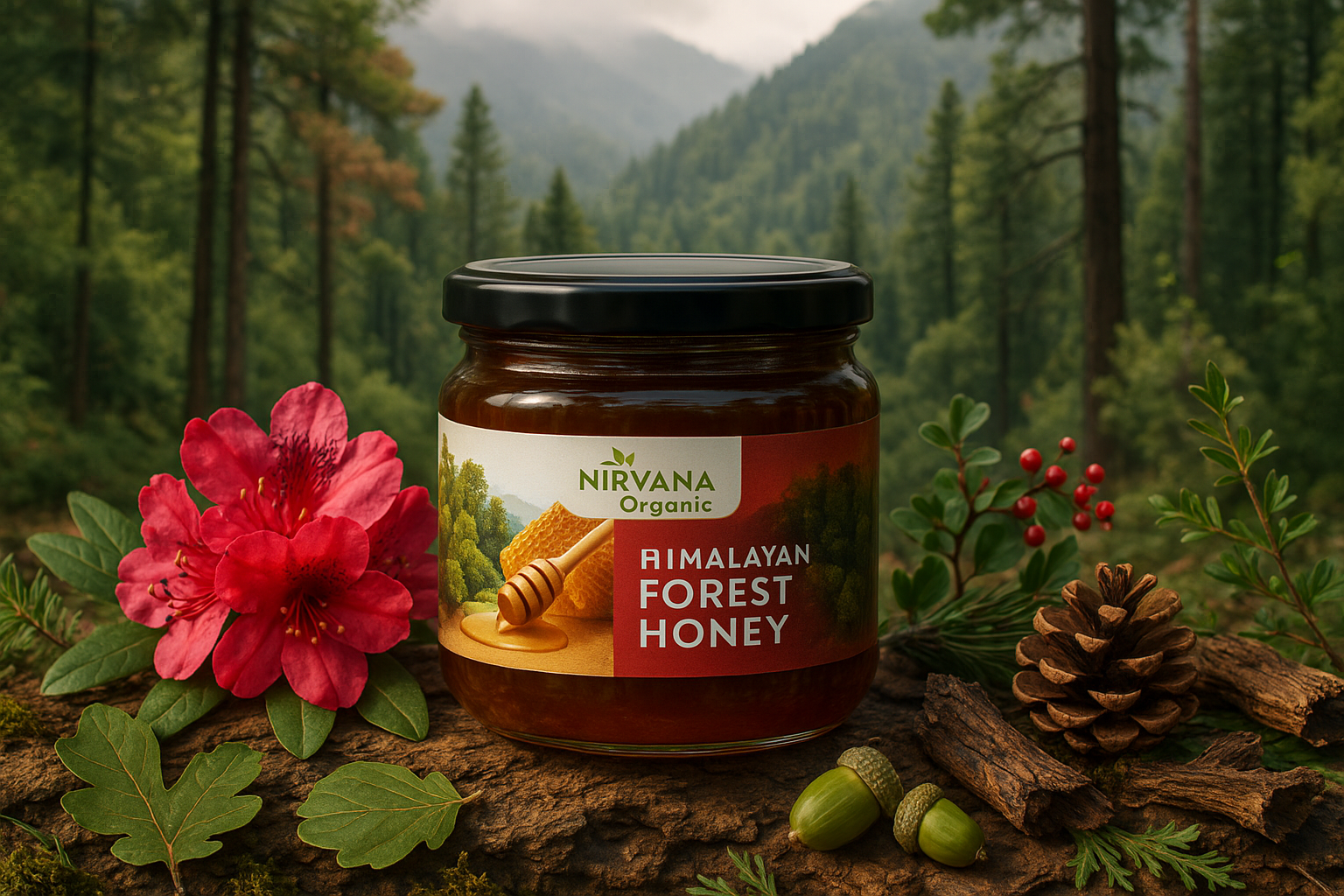 Nirvana Organic Himalayan Forest Honey jar with exact red label design, surrounded by raw forest ingredients (rhododendron flowers, oak leaves, pine needles, wild berries, medicinal herbs) in natural form, set against dense Himalayan forest backdrop