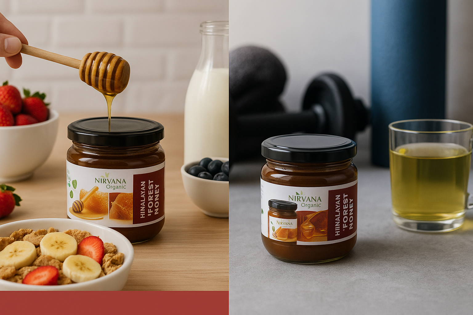 Nirvana Organic Himalayan Forest Honey lifestyle scenes - breakfast setting with honey drizzled over cereal and fitness scene with honey jar next to green tea in clear glass cup, showing healthy daily use