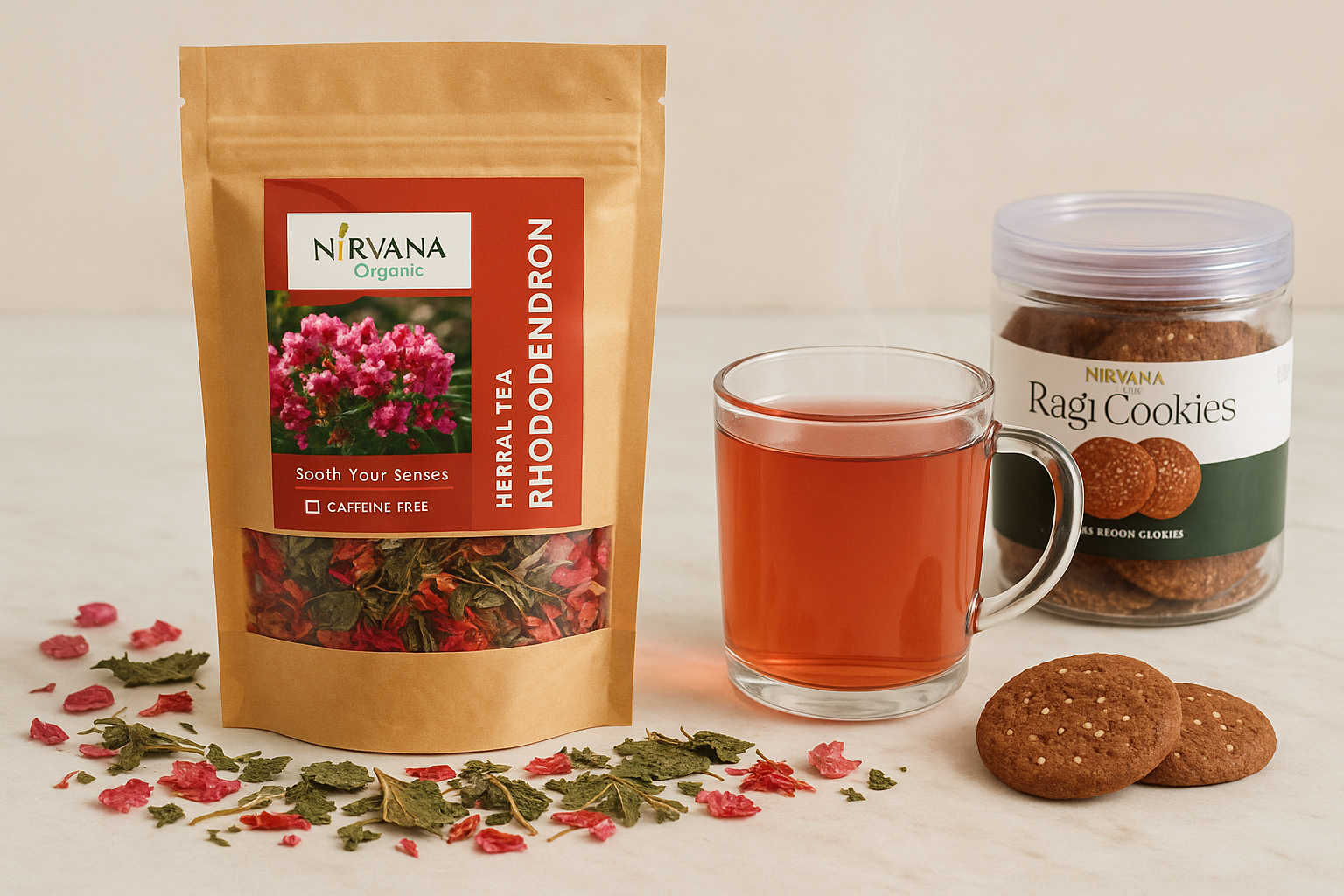 Nirvana Organic rhododendron herbal tea package with exact red label design, raw ingredients (dried rhododendron petals, nettle leaves), clear glass mug with reddish-pink brewed tea, and Ragi cookies in clear container on marble surface