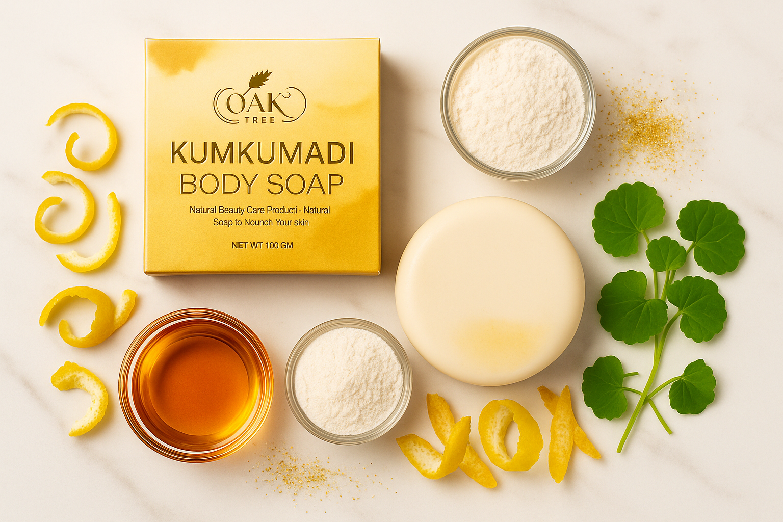 Oak Tree Naturals Advanced Kumkumadi Soap with natural ingredients showcase