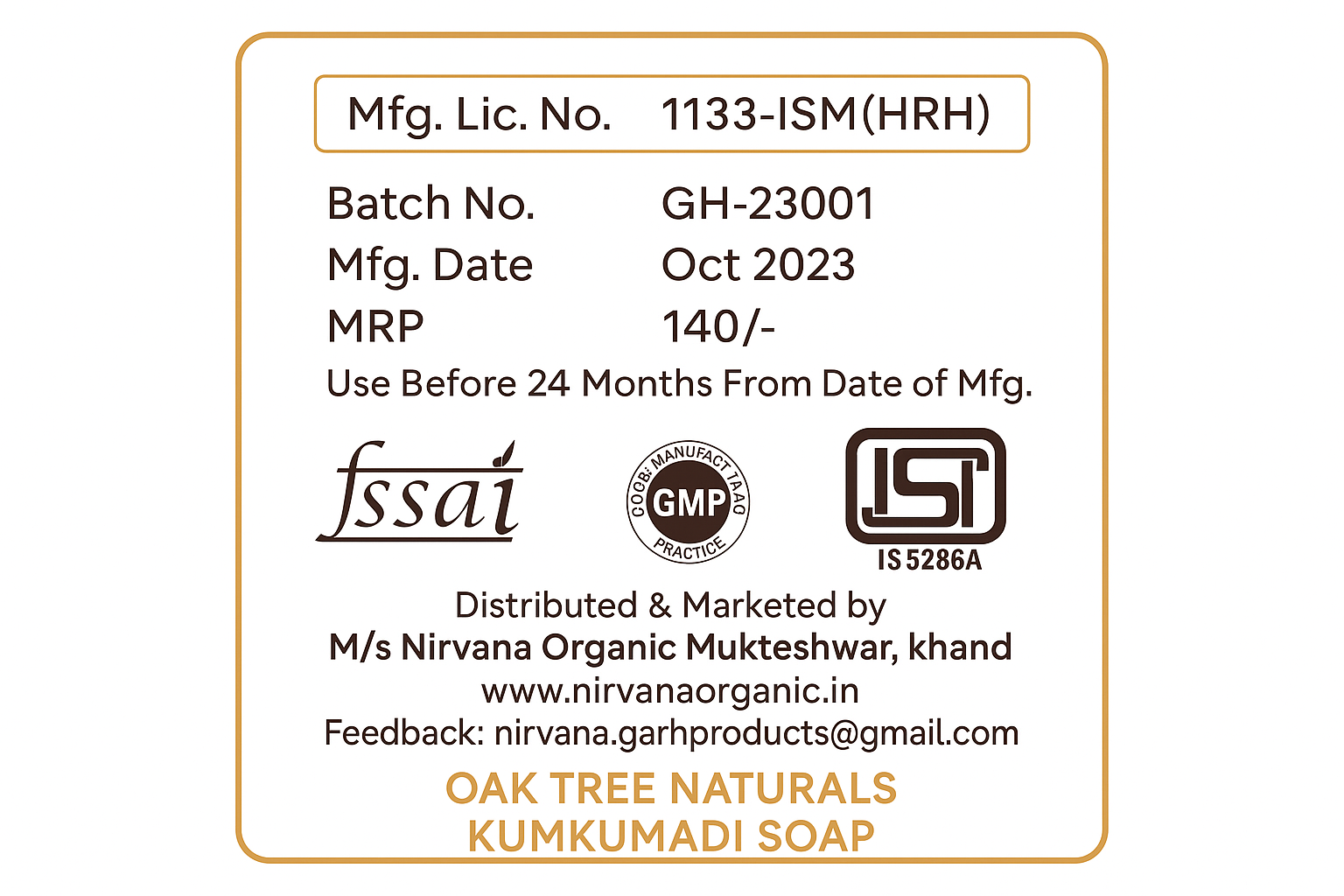 Oak Tree Naturals Kumkumadi Soap certifications and quality standards showcase