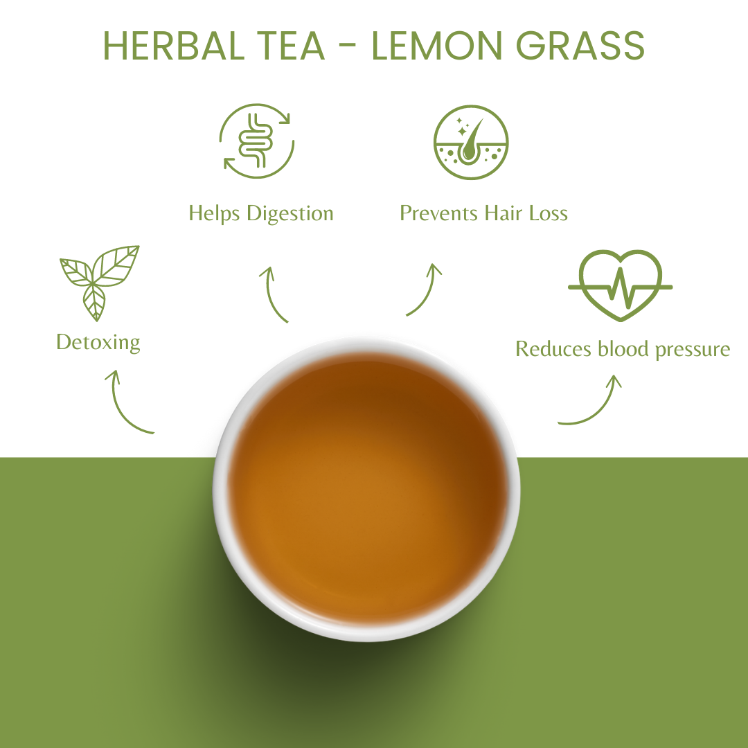 Lemongrass herbal tea benefits infographic showing digestive health, detoxing, hair loss prevention, and blood pressure reduction with golden tea cup center