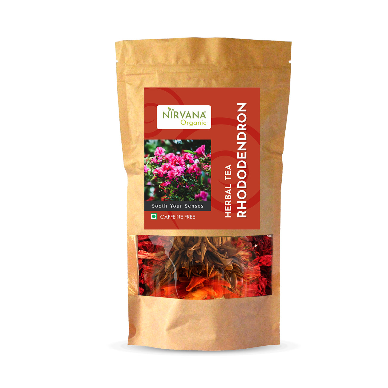 Nirvana Organic rhododendron tea package with red label showing dried pink rhododendron flowers and nettle blend