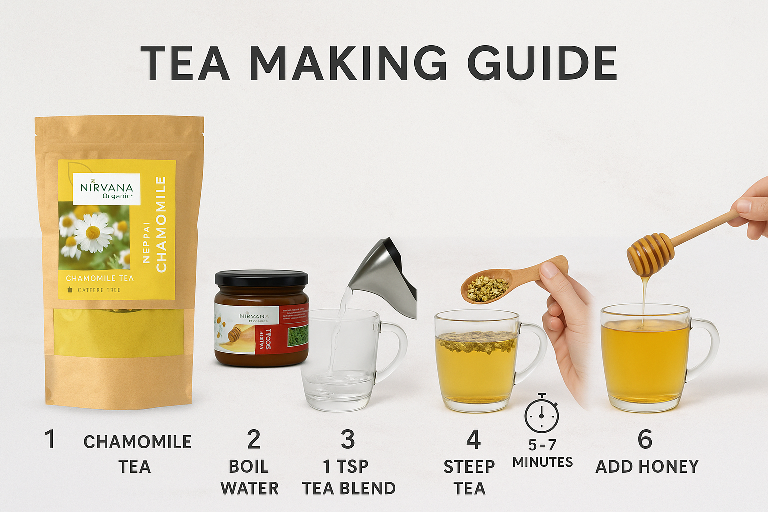 Step-by-step guide for making organic chamomile tea with Nirvana products - showing 6 steps from boiling water to adding Himalayan honey and enjoying the perfect cup