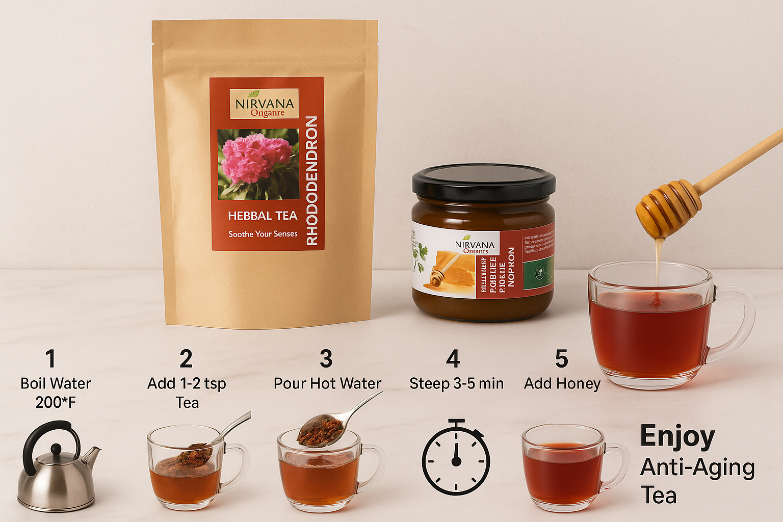 Step-by-step guide for making organic rhododendron anti-aging tea with Nirvana products - showing 6 steps from boiling water to adding Himalayan forest honey and enjoying the perfect deep red wellness cup