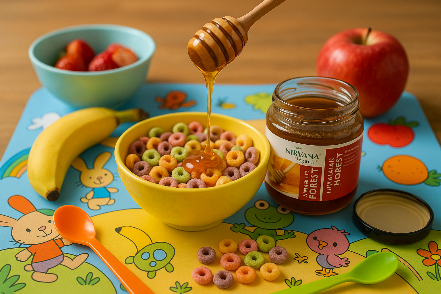 Two lifestyle scenes with Nirvana Organic Himalayan Forest Honey - children's breakfast table with honey drizzled over colorful cereal and fitness enthusiast's setup with honey jar next to green tea in clear glass cup with gym equipment