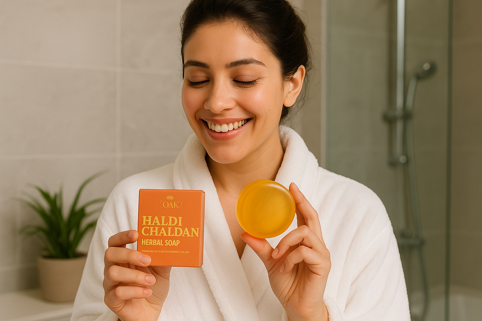 Woman using Haldi Chandan Soap