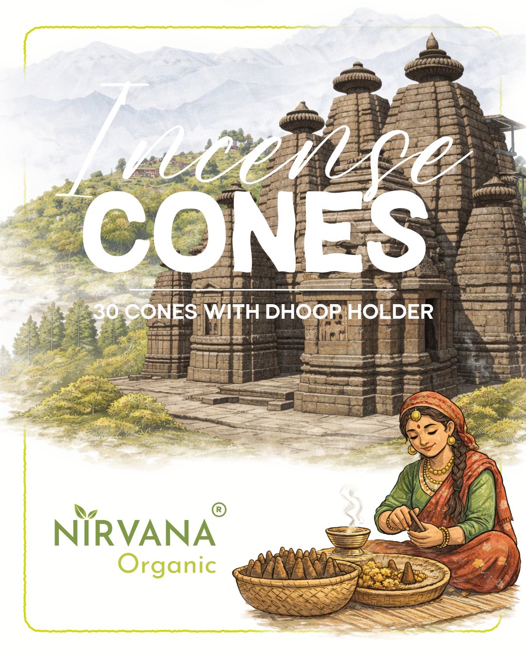 Nirvana Organic India Incense Cones 30 Cones with Dhoop Holder