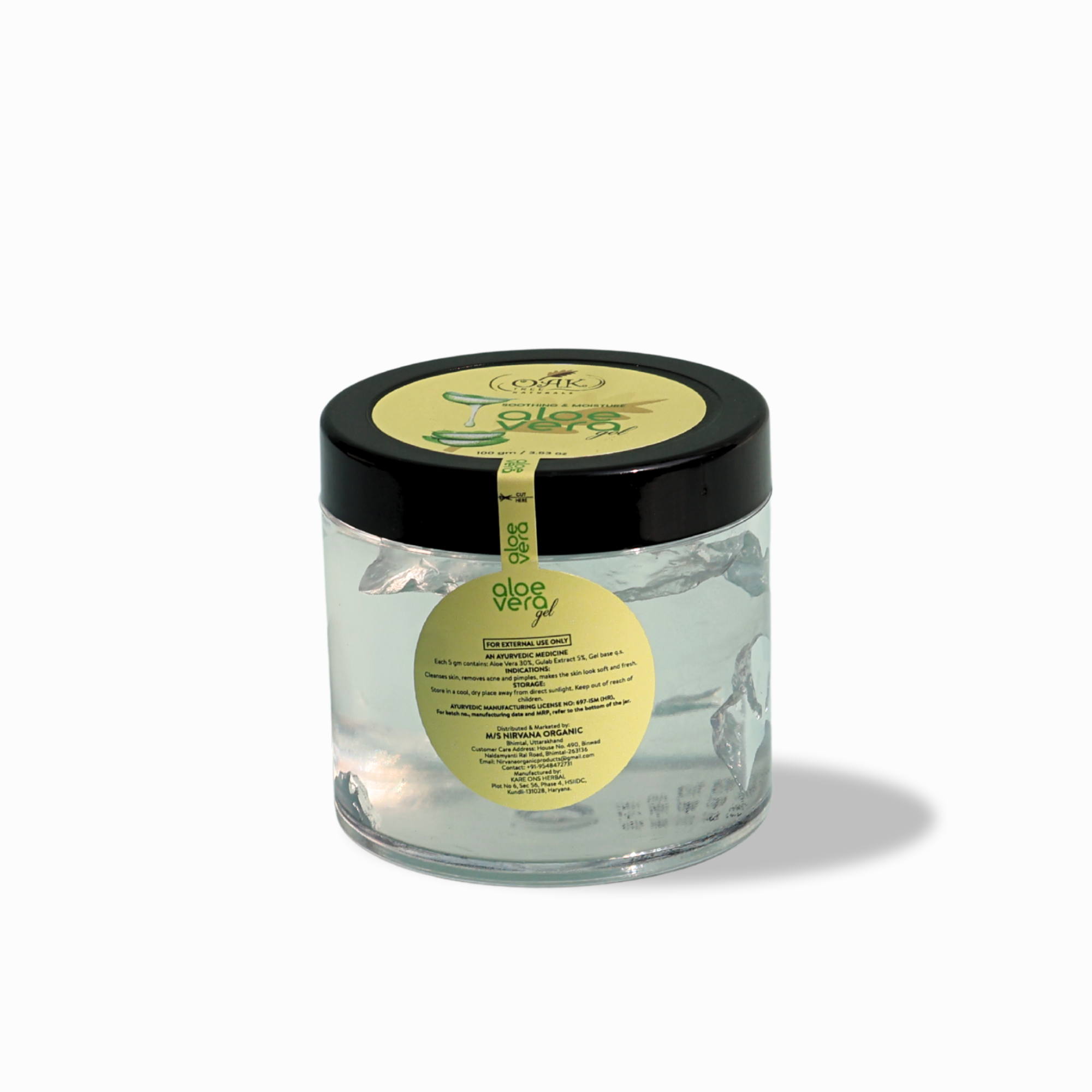 Pure Aloe Vera Gel 50g jar with transparent glass container, black lid, and natural aloe leaf - organic skincare moisturizer for sensitive skin