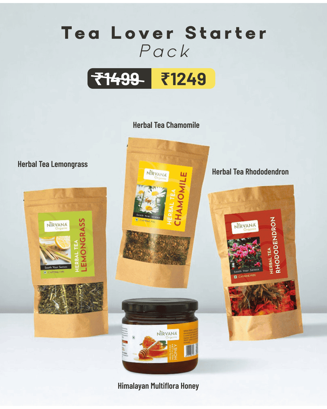 Organic Herbal Tea Starter Pack | Himalayan Chamomile, Lemongrass & Rhododendron Tea with Raw Honey