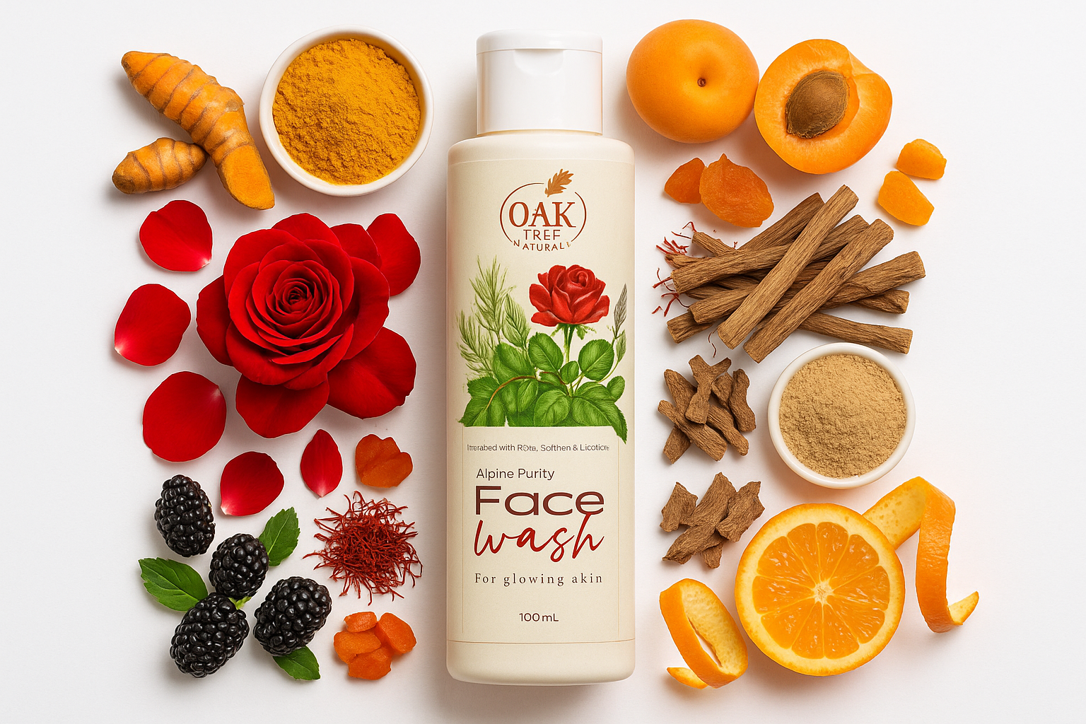 Natural Rose Gold Face Wash with raw ingredients - Rose petals, turmeric, saffron, apricot, licorice, mulberry, orange by Oak Tree Naturals