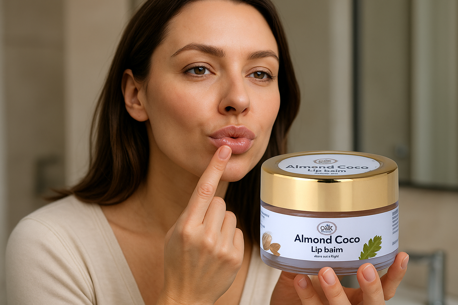 Beautiful Woman Applying Almond Coco Lip Balm with Confidence