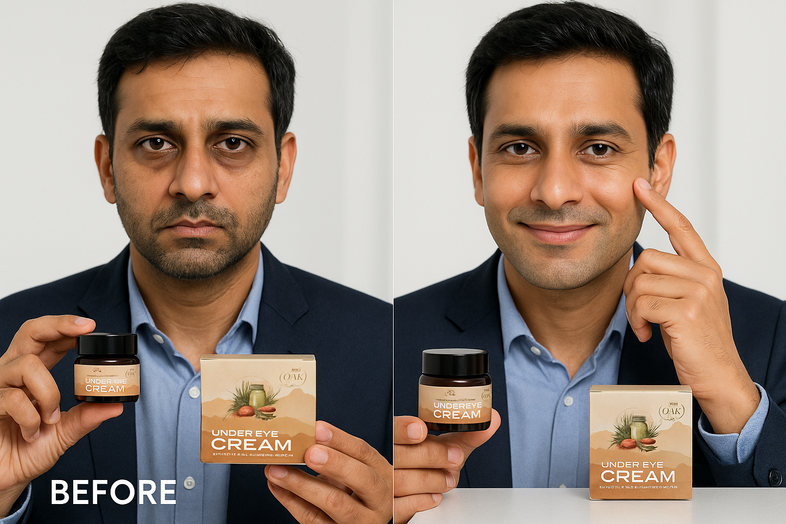 Before and after image of Indian male in his late 30s using Oak Tree Naturals Under Eye Cream for dark circles