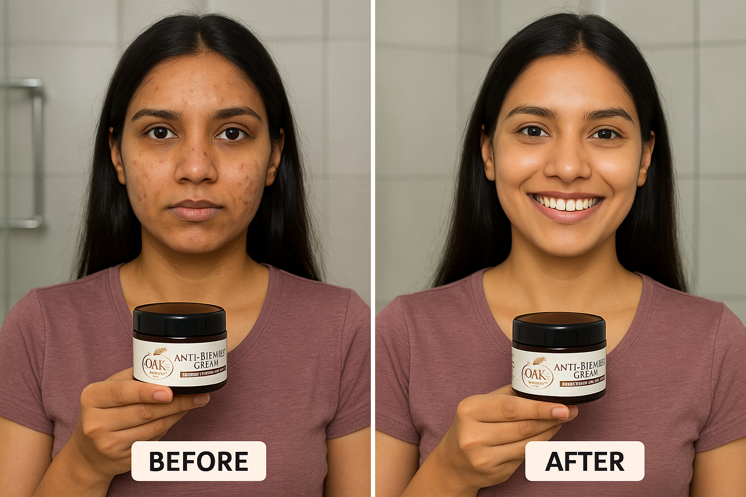 Before and after image of young Indian female using Oak Tree Naturals Anti-Blemish Cream