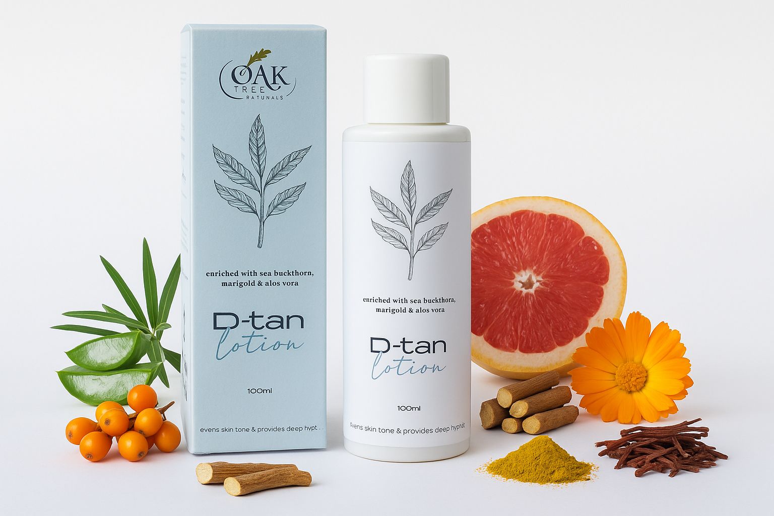 Natural D-Tan Lotion with raw ingredients - Sea buckthorn berries, aloe vera, grapefruit, marigold, licorice roots, daruhaldi, manjistha herbs
