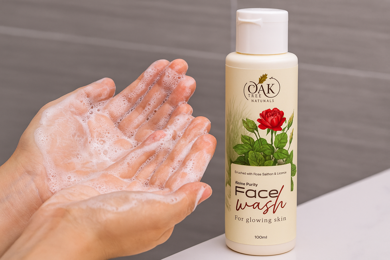 Hands Applying Alpine Purity Rose Gold Face Wash with Foam