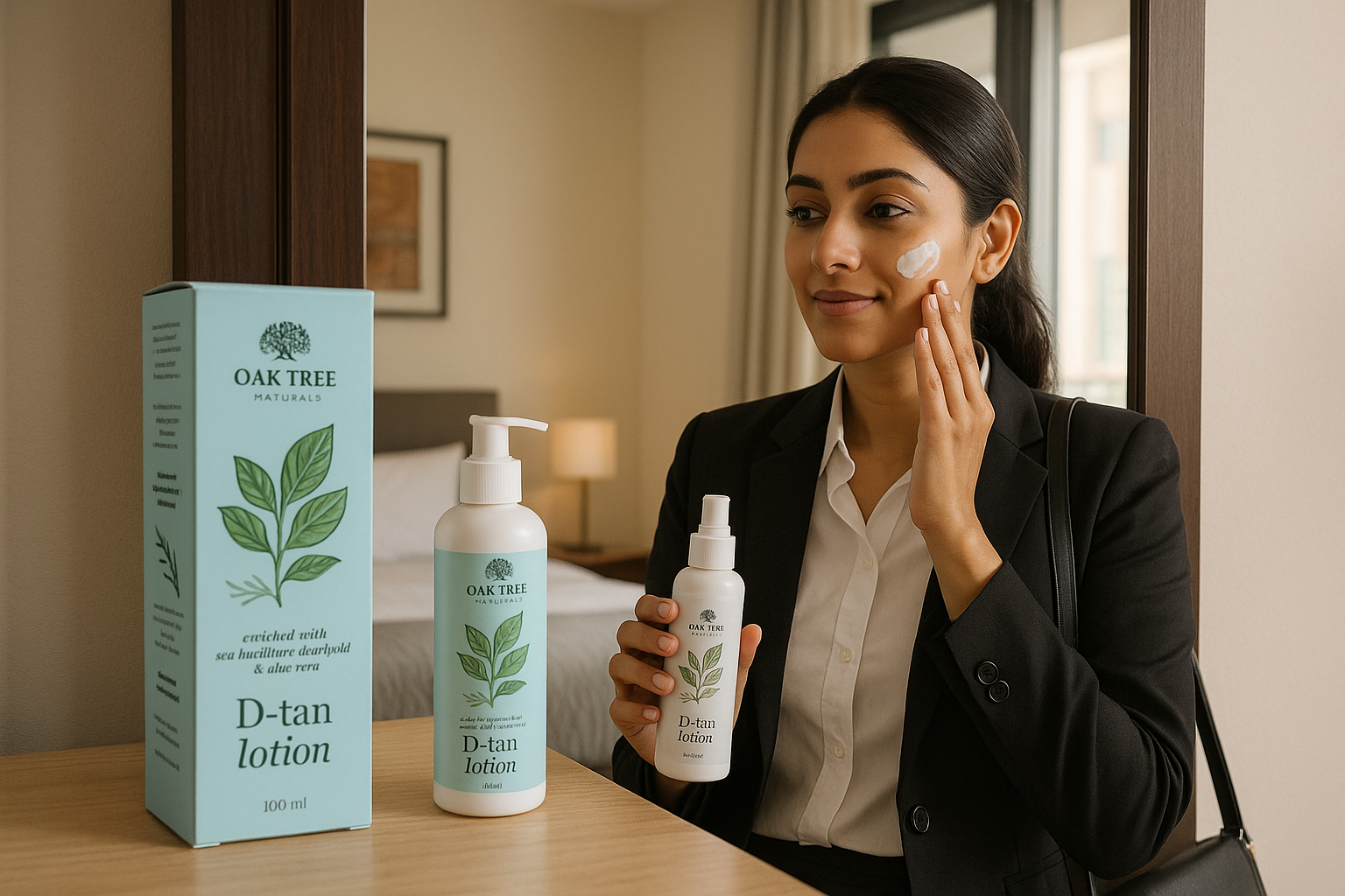 Indian Woman Using D-Tan Lotion with Exact Packaging
