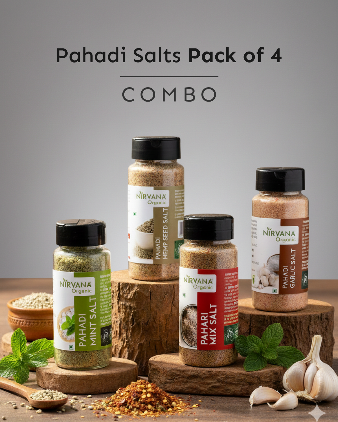Salty Affair Pack-MAHA SAVER COMBO of 4 Flavoured Hand Ground Salts | Pahadi Mix+Pahadi Mint+Pahadi Garlic+Pahadi Hemp (600gms)