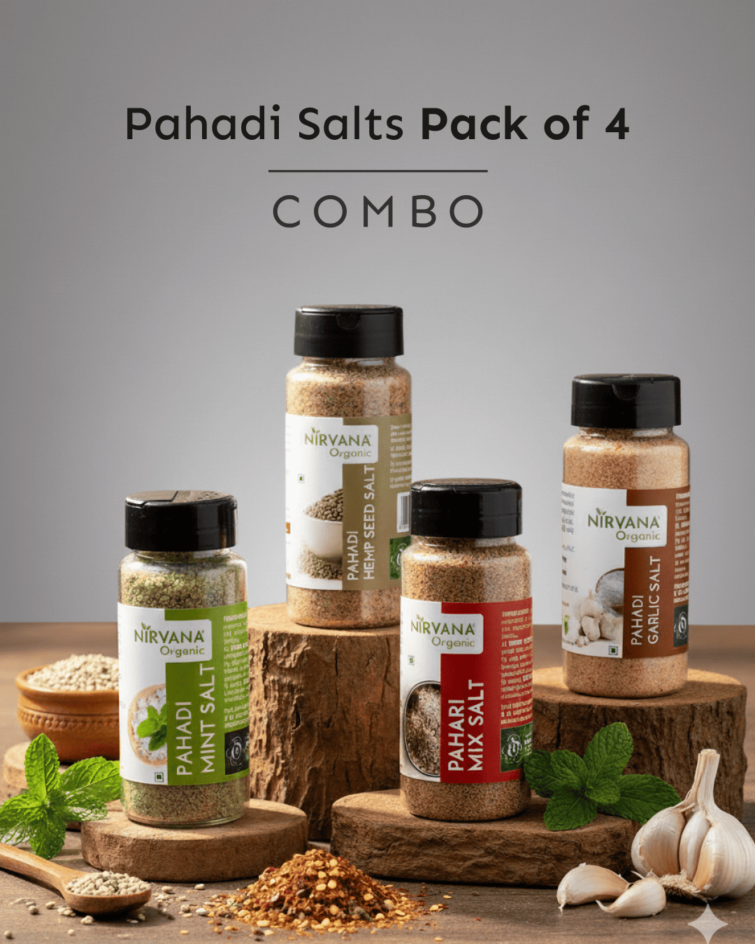 Salty Affair Pack-MAHA SAVER COMBO of 4 Flavoured Hand Ground Salts | Pahadi Mix+Pahadi Mint+Pahadi Garlic+Pahadi Hemp (600gms)