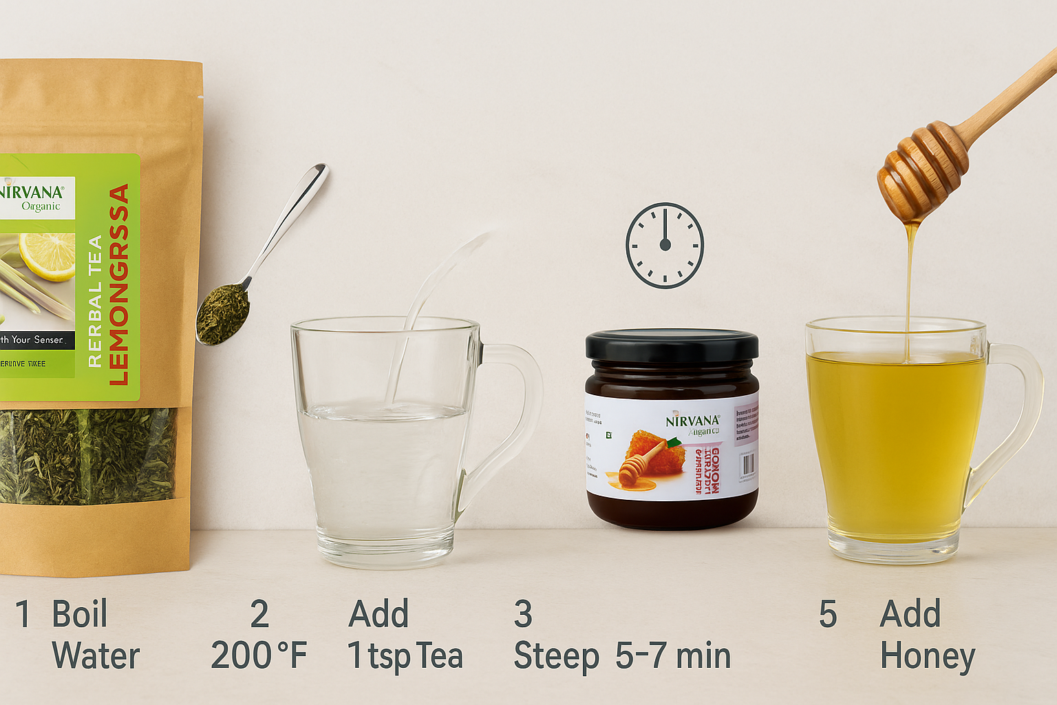 Step-by-step guide for making organic lemongrass detox tea with Nirvana products - showing 6 steps from boiling water to adding Himalayan eucalyptus honey and enjoying the perfect cup