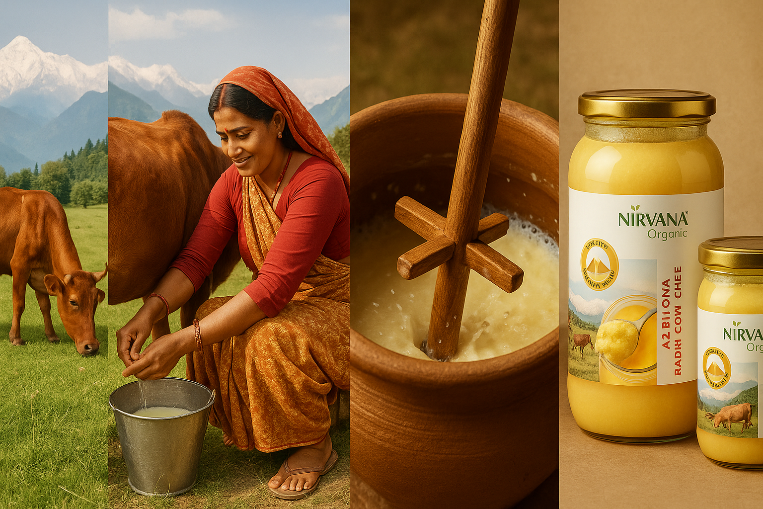 Storyboard showing progression from Badri cows to Nirvana Organic A2 Bilona Ghee