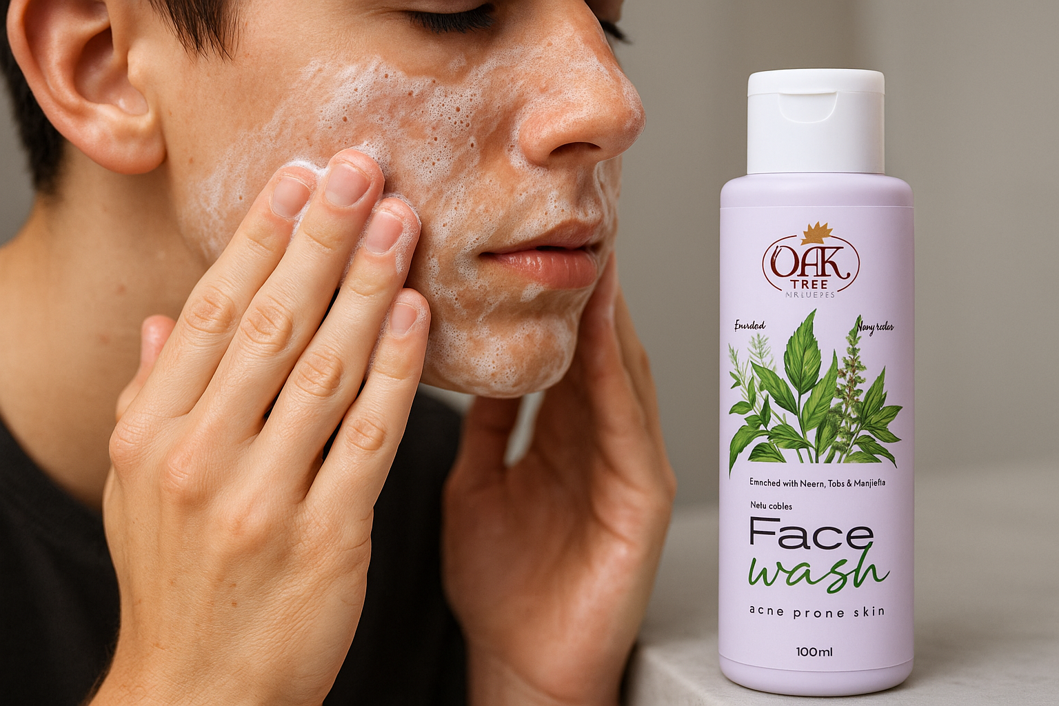 Teenage Boy's Hands Applying Natural Bliss Face Wash with Foam